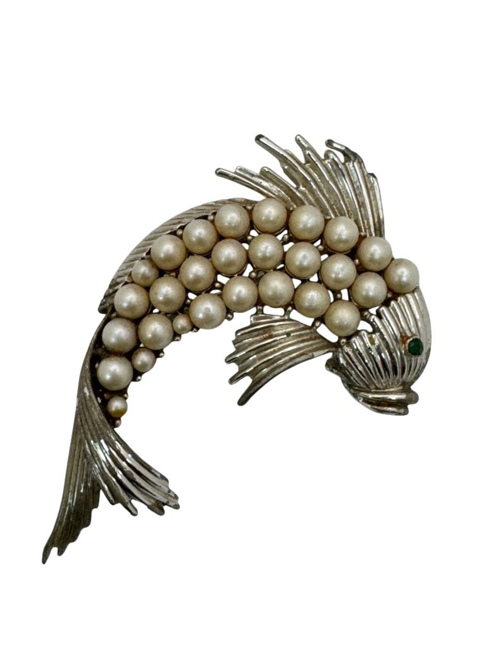Vintage Coro Fish Brooch Faux Pearls Emerald Green Rhinestone Eye Signed 2"